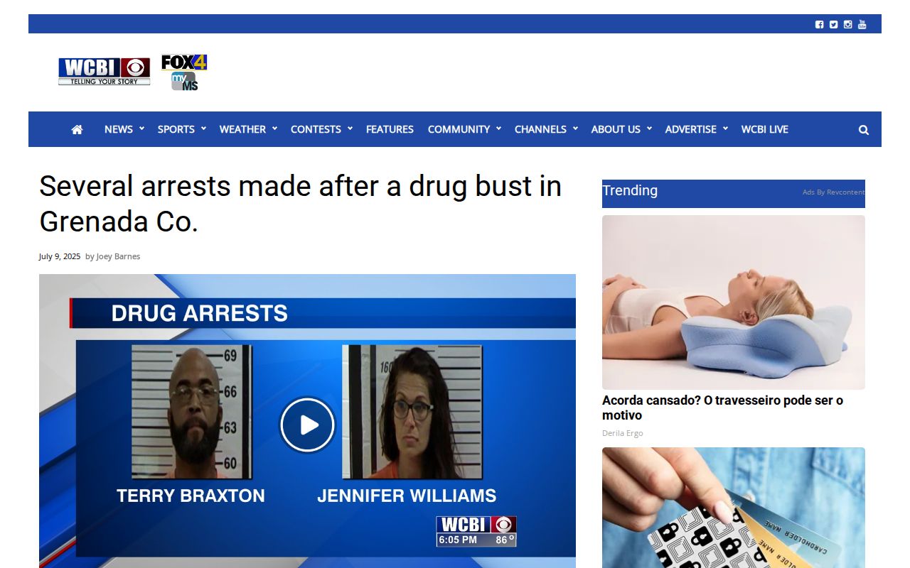 WCBI Grenada County arrest news report interface