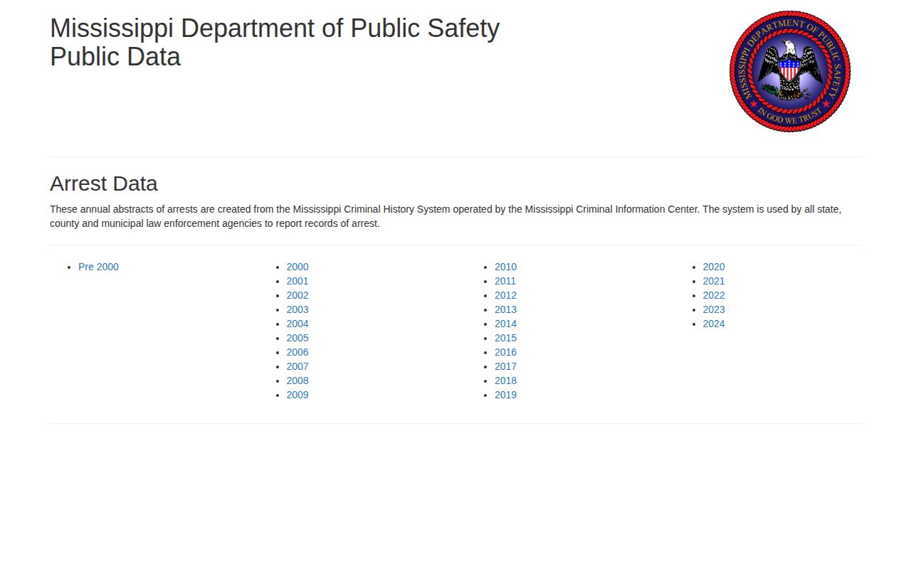 Grenada County official Mississippi DPS public arrest data access